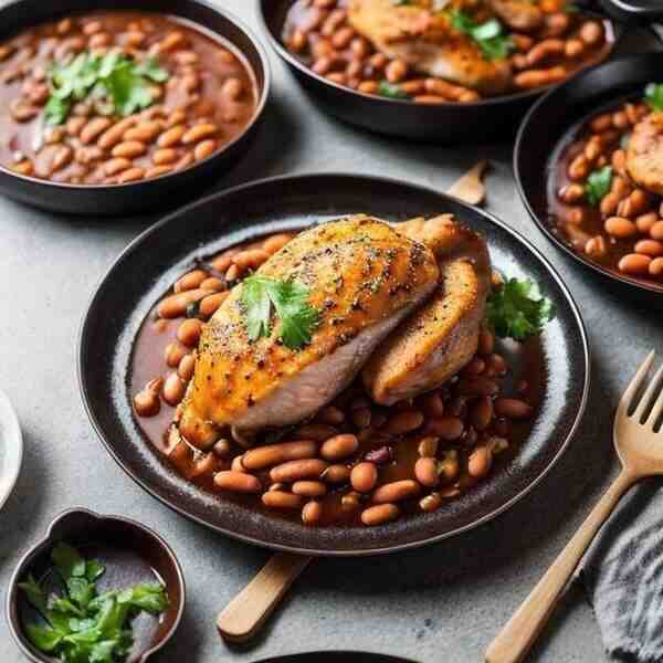Курица со свининой грибами и фасолью
